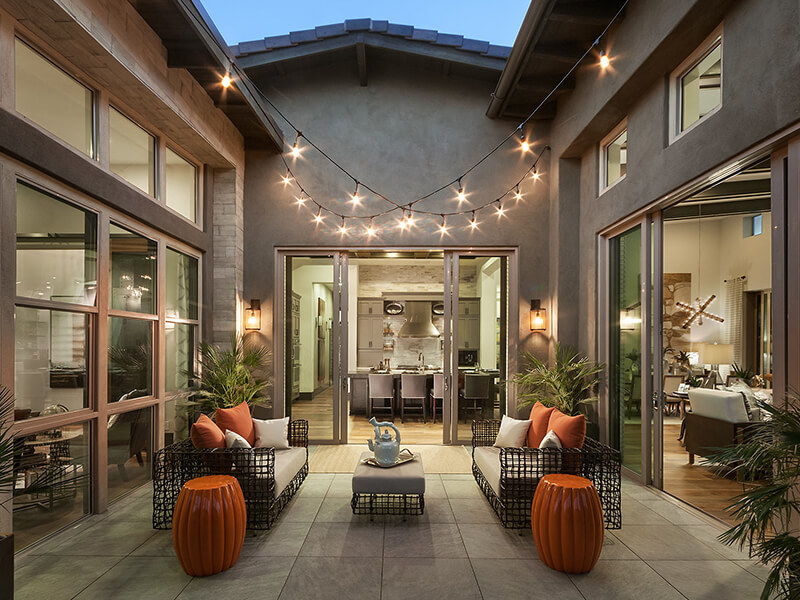 Home courtyard with festive lights