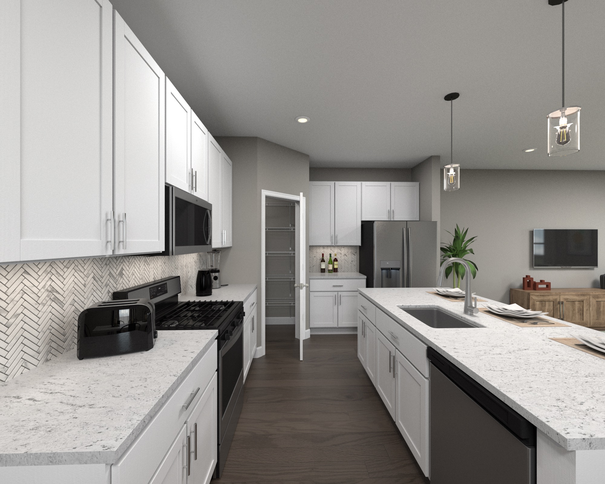 Ample counterspace, a large kitchen island, and walk-in pantry make meal prep a breeze.