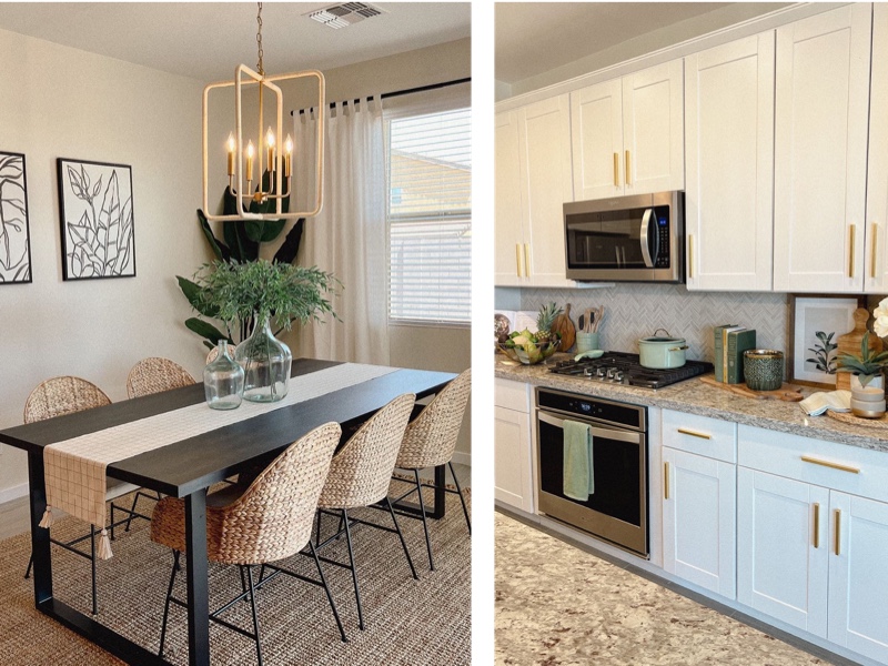 split image of kitchen and dining room