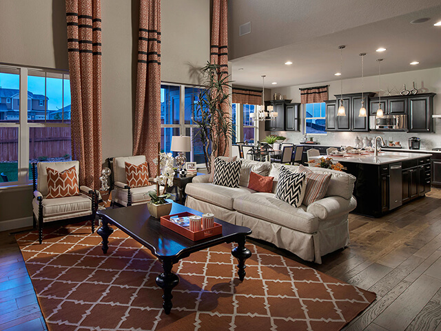 Living room with floor to ceiling drapes