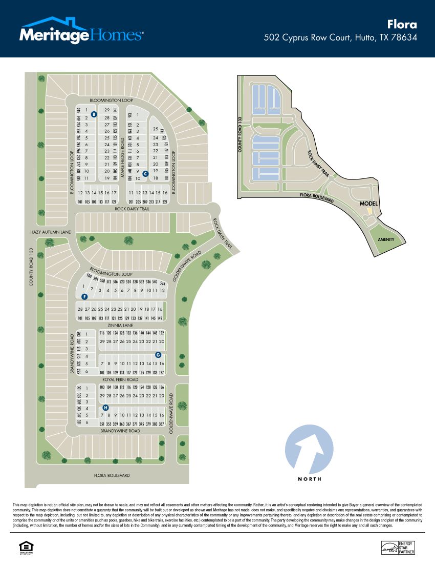 Community map for a Meritage Homes community in Hutto, TX.