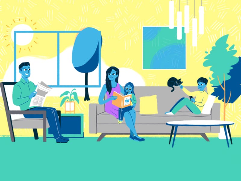 Illustration of a family sitting in a living room 