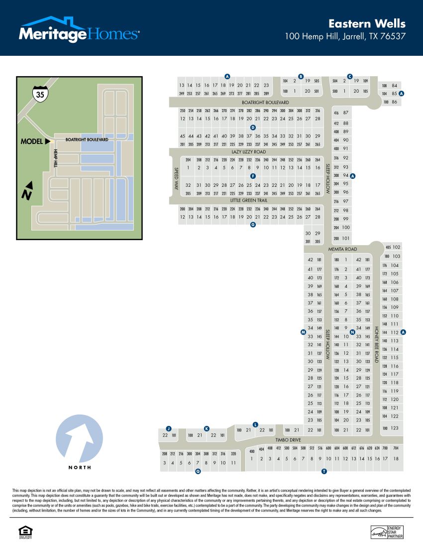 Community site map for a Meritage Homes community in Jarrell, TX.