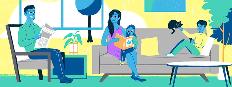 Illustration of a family sitting in a living room 