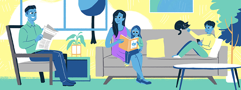 Illustration of a family sitting in a living room 