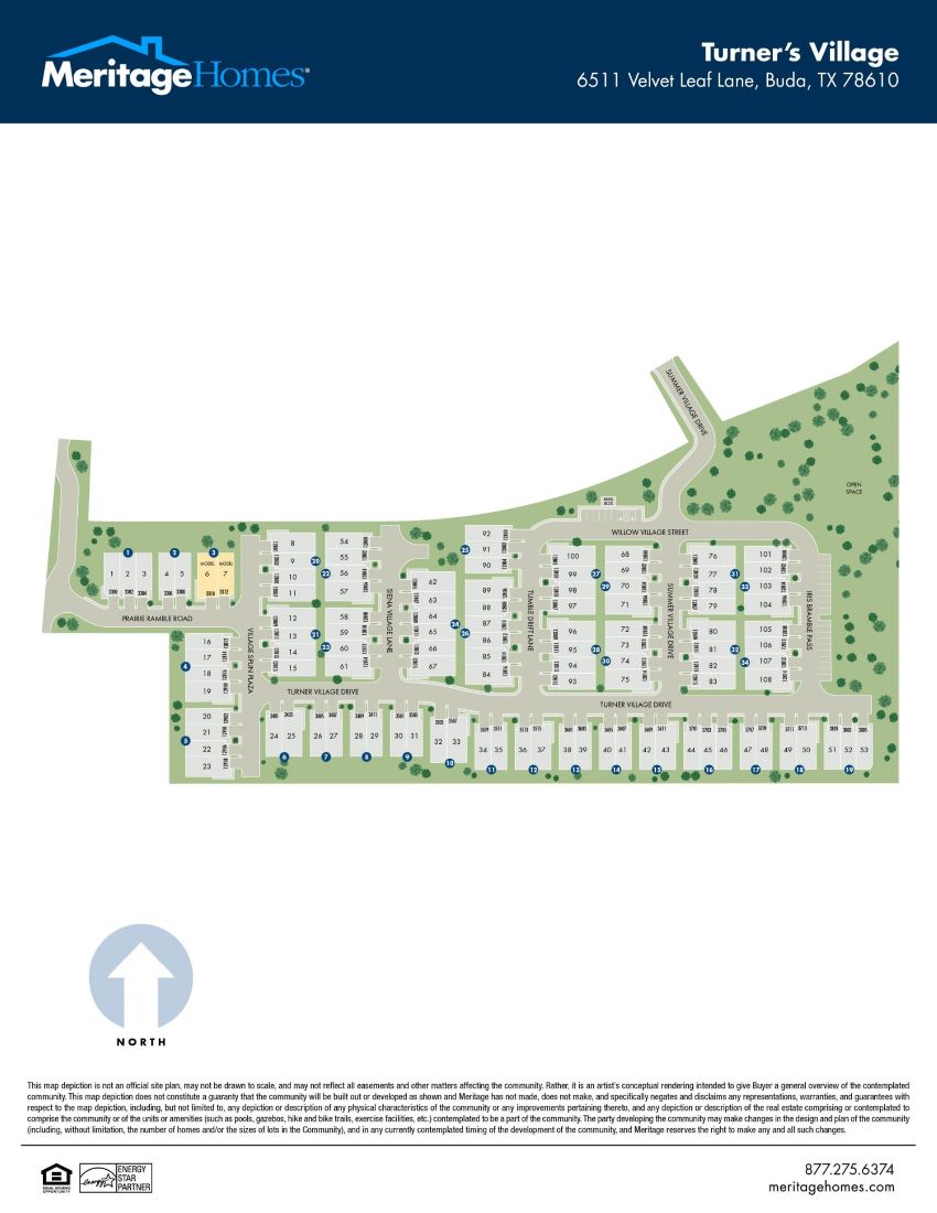 Community map for a Meritage Homes townhome community in Buda, TX.